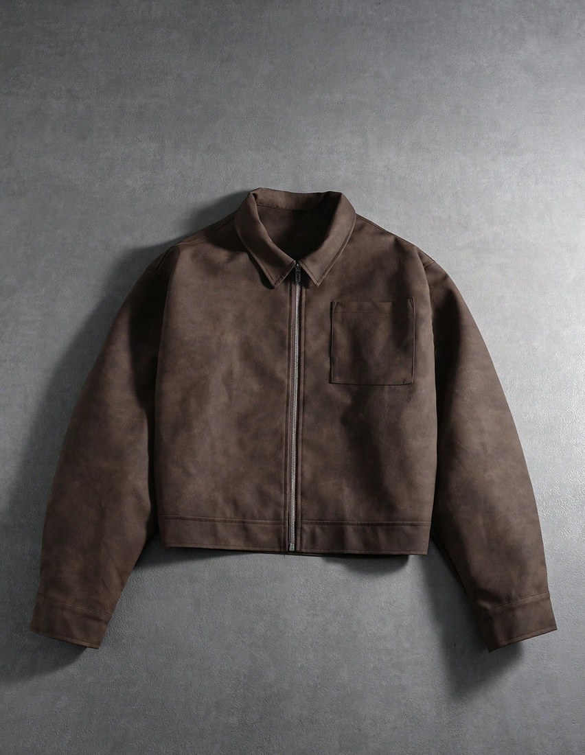 Men s Coffee Brown Autumn Modest Hiking Jacket Streetwear Vintage Mocha Leather Bomber Cropped Zip Up Long Sleeve Winter Casual Outerwear