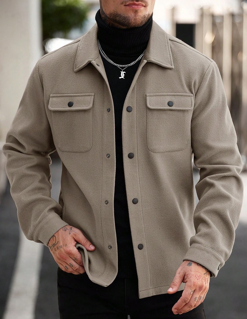 Men s Solid Color Long Sleeve Single Breasted Pocket Casual Wool Blend Jacket Autumn Winter Men Overshirt Men Shacket Men s Jackets Casual