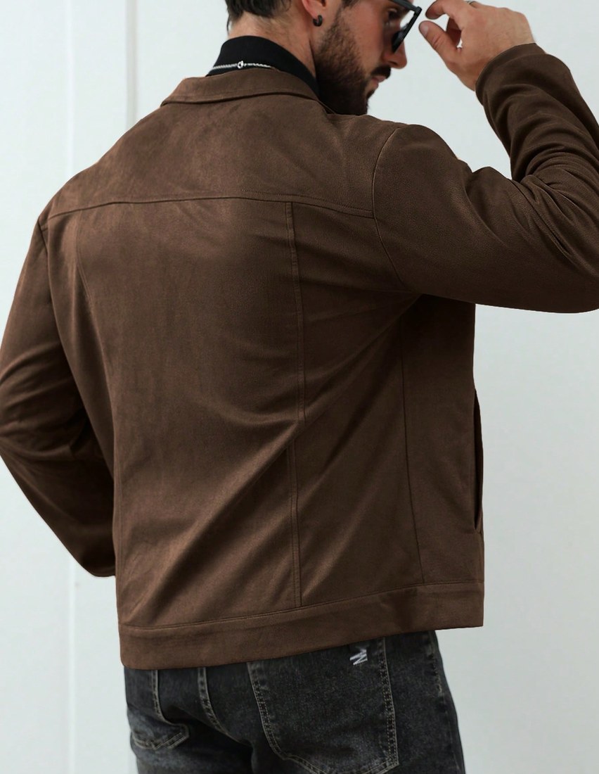 Men s Solid Color Faux Suede Fleece Long Sleeve Single Breasted Casual Jacket