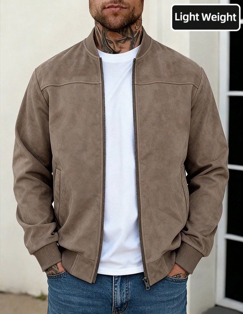 1pc Men s Solid Color Lightweight Suede Fleece Flight Jacket Full Zip Stand Collar Casual Outerwear Vintage Faux Leather Jacket Men s Spring Autumn Jacket Smart Casual