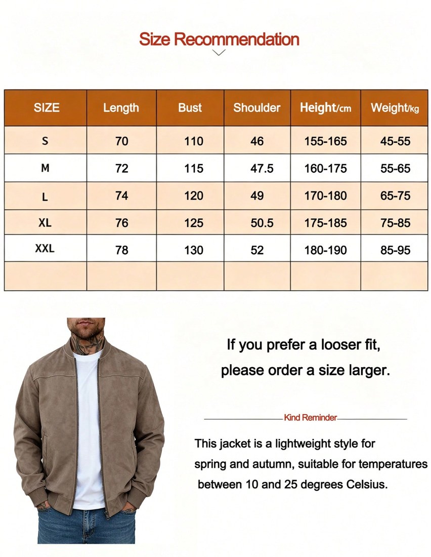1pc Men s Solid Color Lightweight Suede Fleece Flight Jacket Full Zip Stand Collar Casual Outerwear Vintage Faux Leather Jacket Men s Spring Autumn Jacket Smart Casual