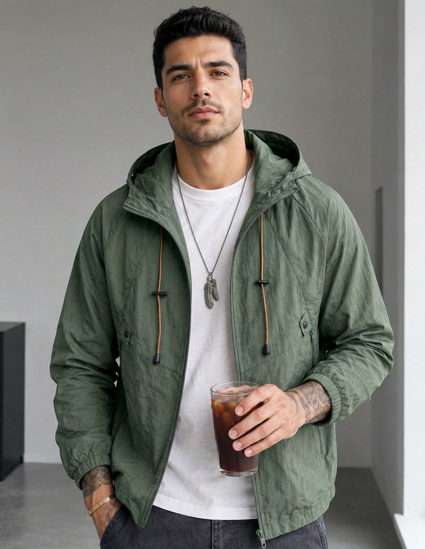 Blueprint Man 1pc Men s Gray Textured Wrinkle Hooded Zip Up Jacket Raglan Sleeve Design Lightweight And Comfortable For Summer Thin Summer Air Conditioning Shirt Machine Washable And Dryable Urban Cas