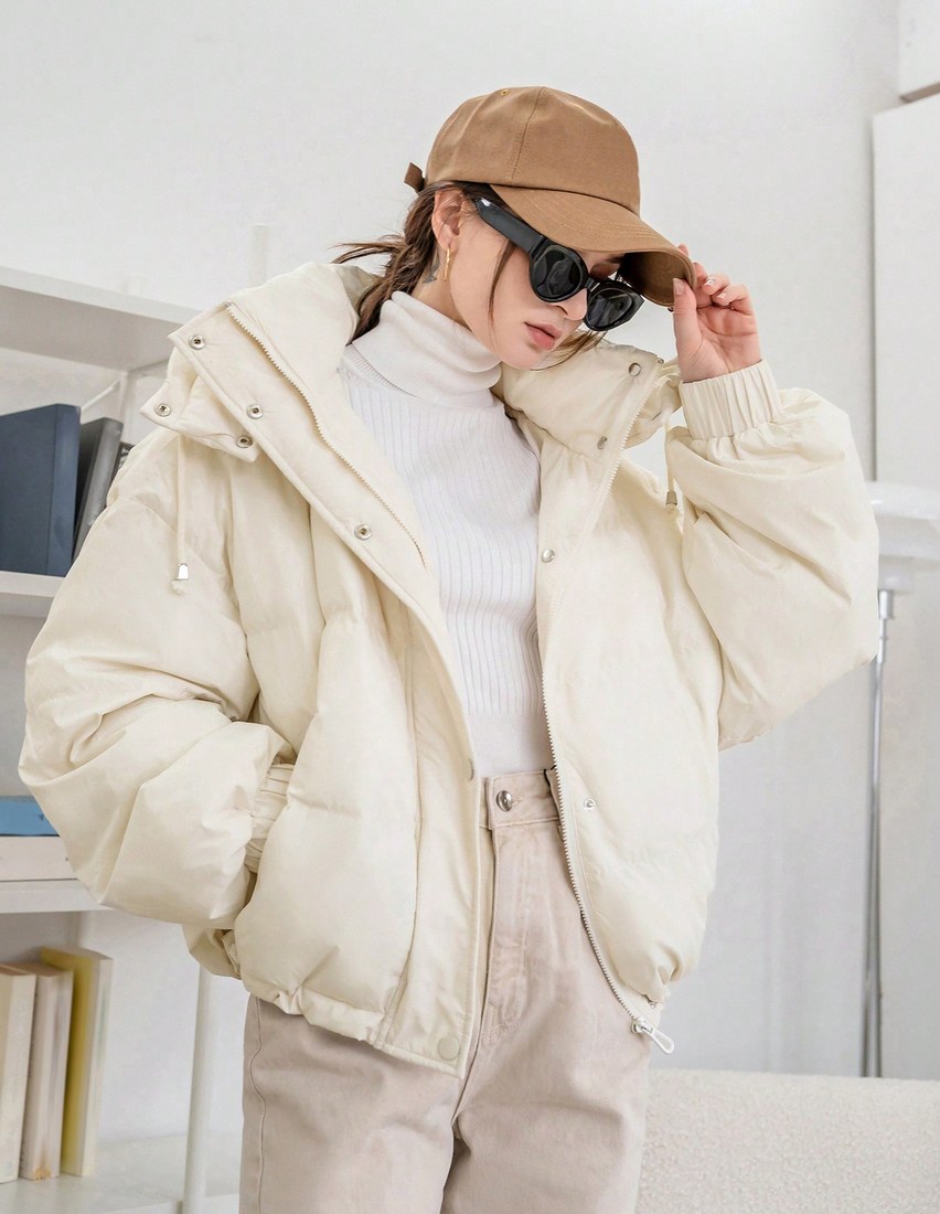Women's Solid Color Long Sleeve Zipper Collar Casual Hooded Winter Jacket Women Coats