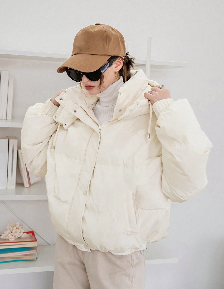 Women's Solid Color Long Sleeve Zipper Collar Casual Hooded Winter Jacket Women Coats