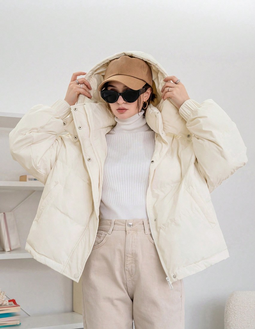 Women's Solid Color Long Sleeve Zipper Collar Casual Hooded Winter Jacket Women Coats