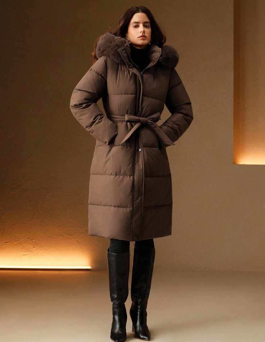 Women's Solid Color Long Sleeve Zip Up Hooded Padded Coat With Faux Fur Trim, Winter