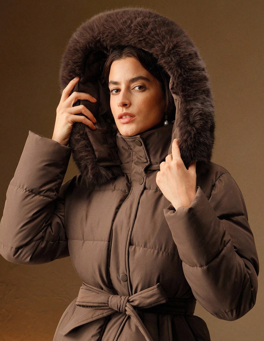 Women's Solid Color Long Sleeve Zip Up Hooded Padded Coat With Faux Fur Trim, Winter